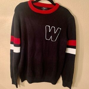 NEW Forever 21 Men’s Sweater Medium Black w/Red & White Stripes W Letter